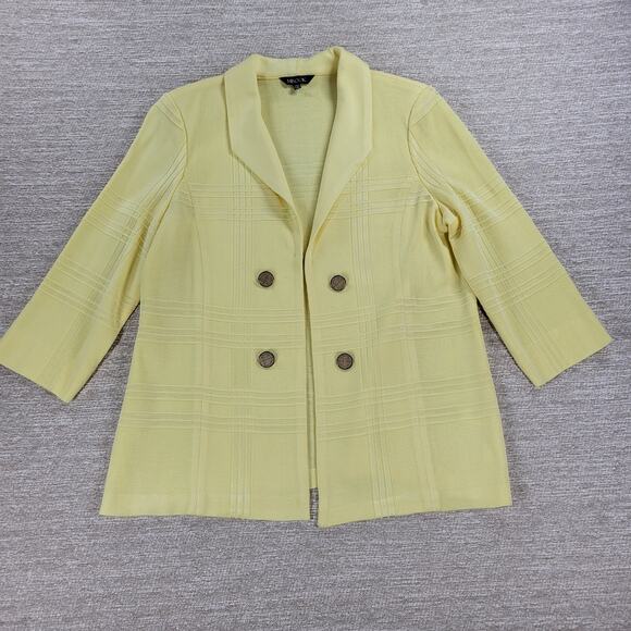 Misook Knit Sweater Jacket PM Petite Yellow Plaid Double Breasted 3/4 Sleeve - Picture 1 of 16
